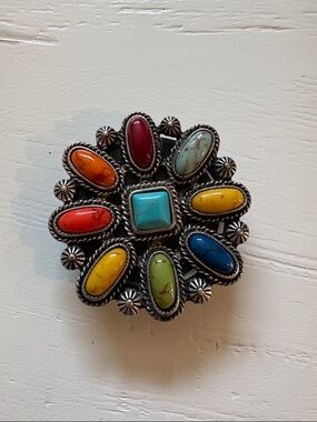 Colorful Multi-Stone Silver Flower - Turquoise Center phone holder/stand